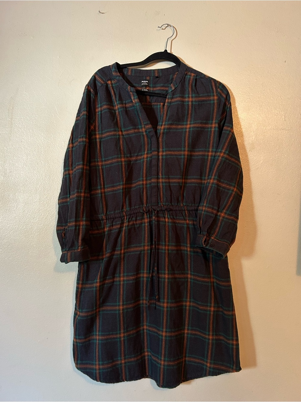 Prana Dark Green and Orange Plaid Long-Sleeve Shirt Dress